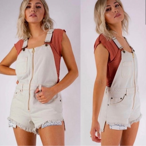 Free People Denim - NEW Free People Sunkissed Overalls Size 10 Raw Hem Denim Ivory Off White NWT